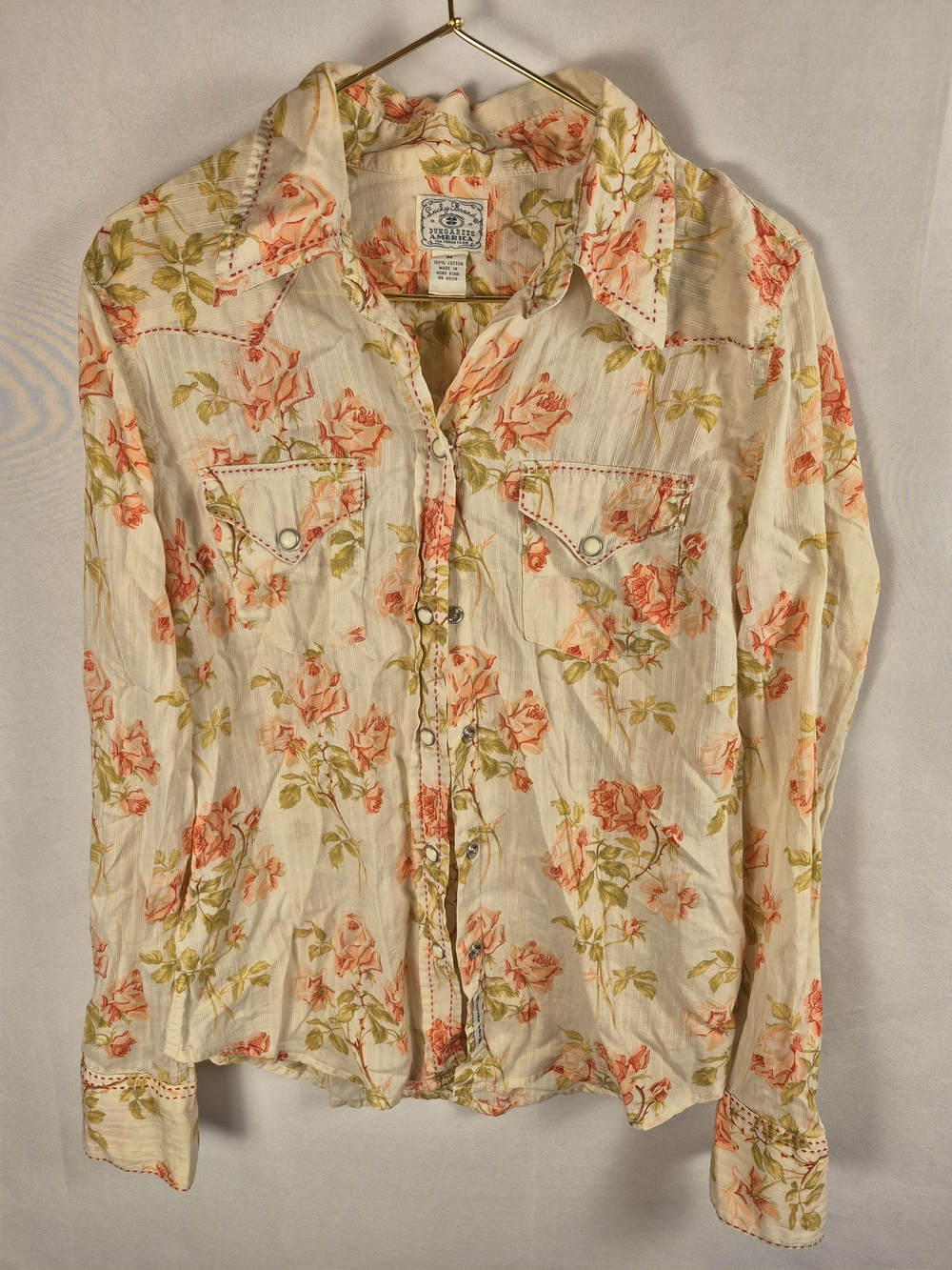 Vtg Y2K Lucky Brand Dungarees America Floral Western Pearl Snap Shirt Womens M